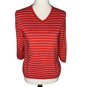 Lands' End 3/4 Sleeve V Neck Sweater Size PM Petite Medium 10-12 Coral White